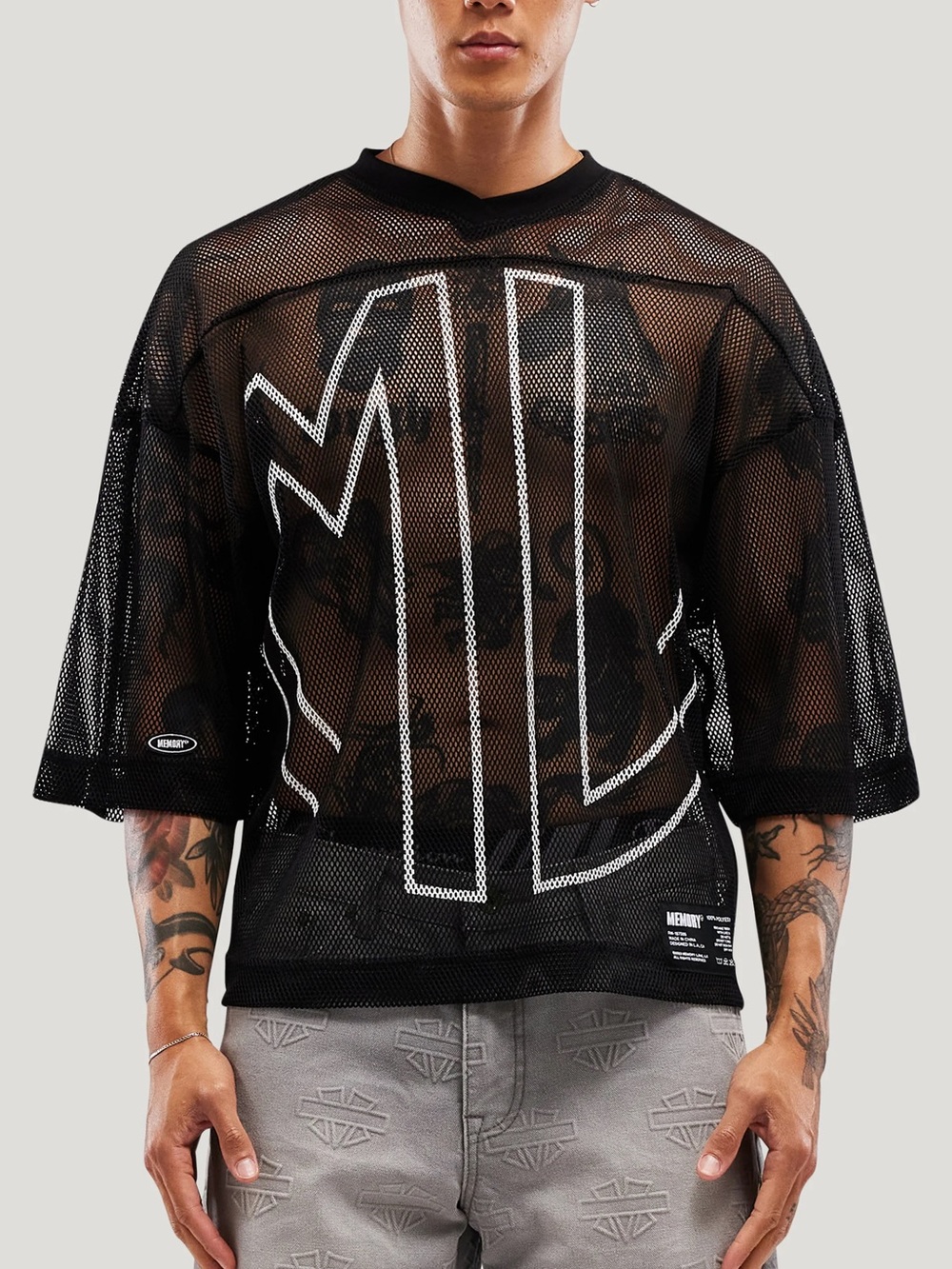 Men's Black Mesh Short Sleeve Tee with White Graphic